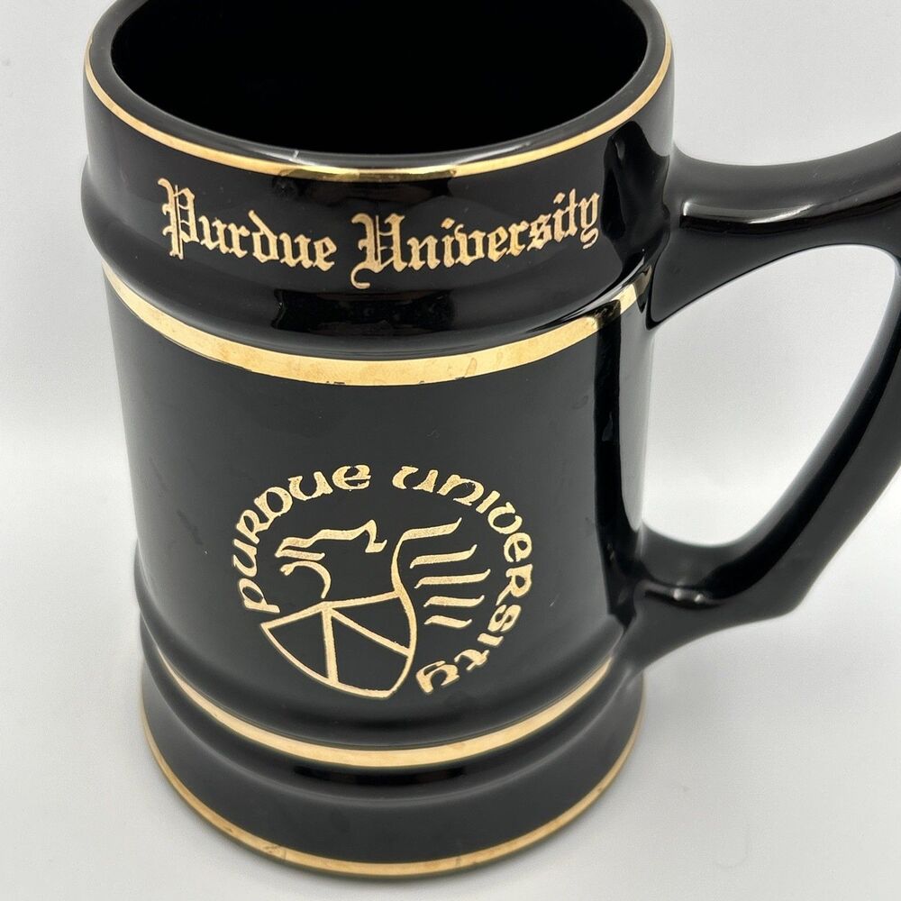 Vtg Black and Gold Ceramic Purdue University Collegiate Beer Stein Mug